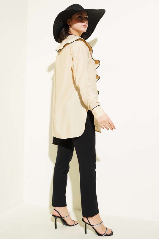 Ruffle Front Piping Shirt Beige