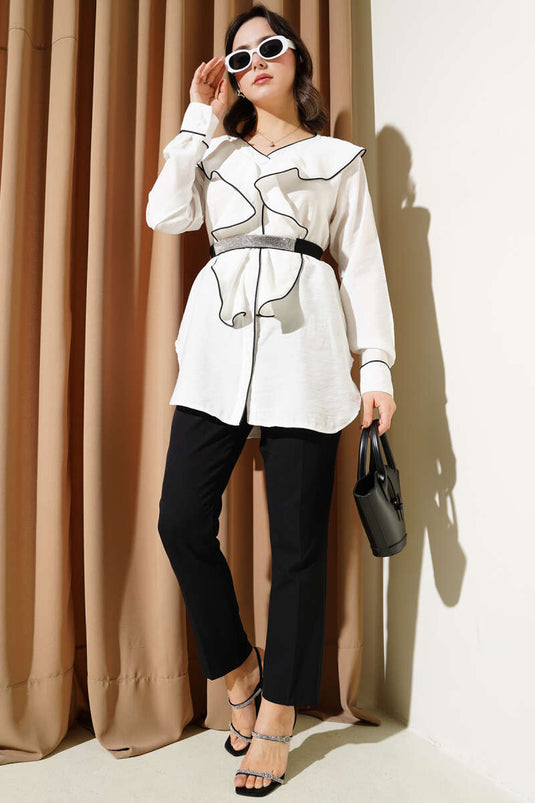 Ruffle Front Shirt White