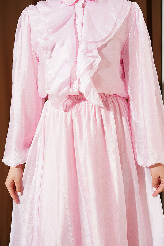 Ensemble Deux Pièces Modeste avec Blouse à Volants et Jupe Rose