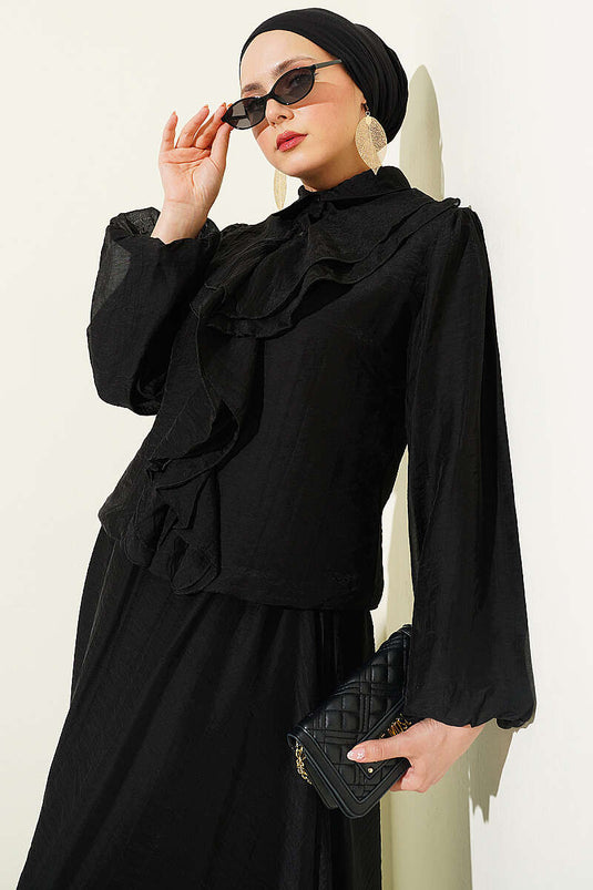 Two-Piece Set with Ruffled Front Blouse and Skirt, Black