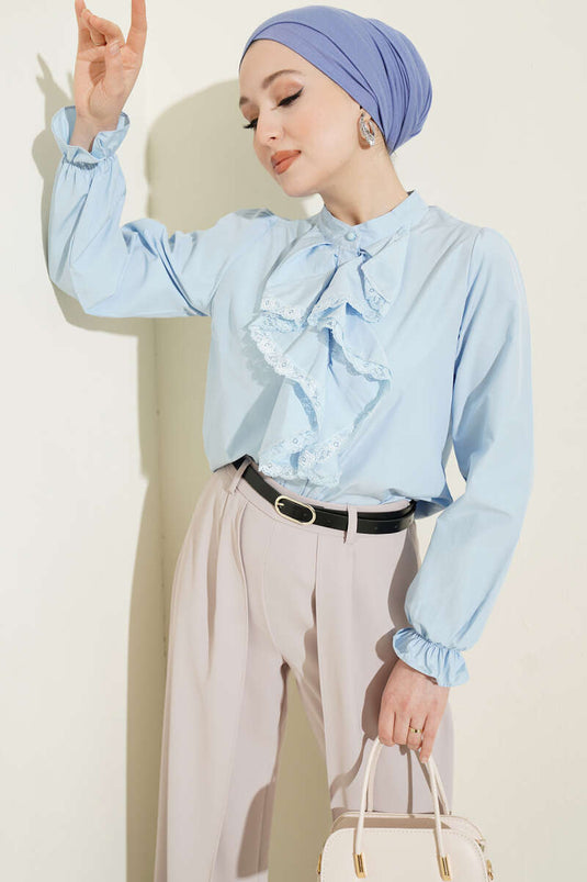 Blue Short Shirt with Ruffled Lace Front