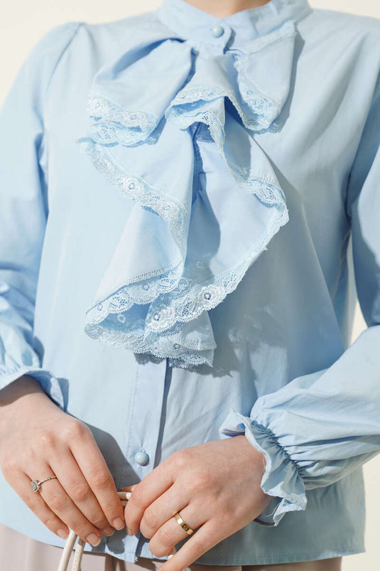 Blue Short Shirt with Ruffled Lace Front