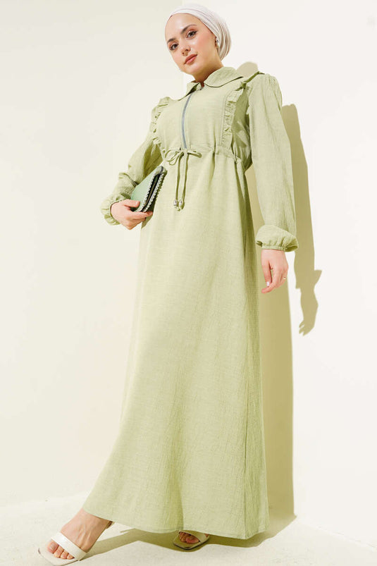 فستان مكشكش بسحاب أمامي باللون الأخضر اللوزي