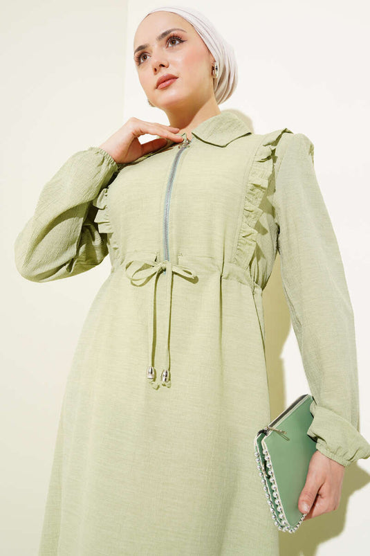 فستان مكشكش بسحاب أمامي باللون الأخضر اللوزي