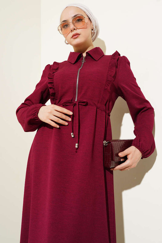 Ruffle Front Zippered Dress in Plum