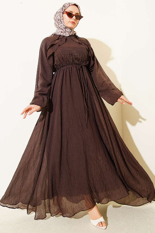 Front Ruffled Dress with Rope Belt Dark Brown