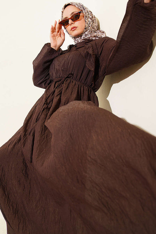Front Ruffled Dress with Rope Belt Dark Brown