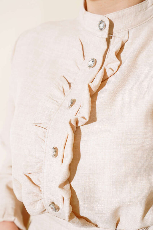 فستان كتان أمامي مكشكش باللون البيج