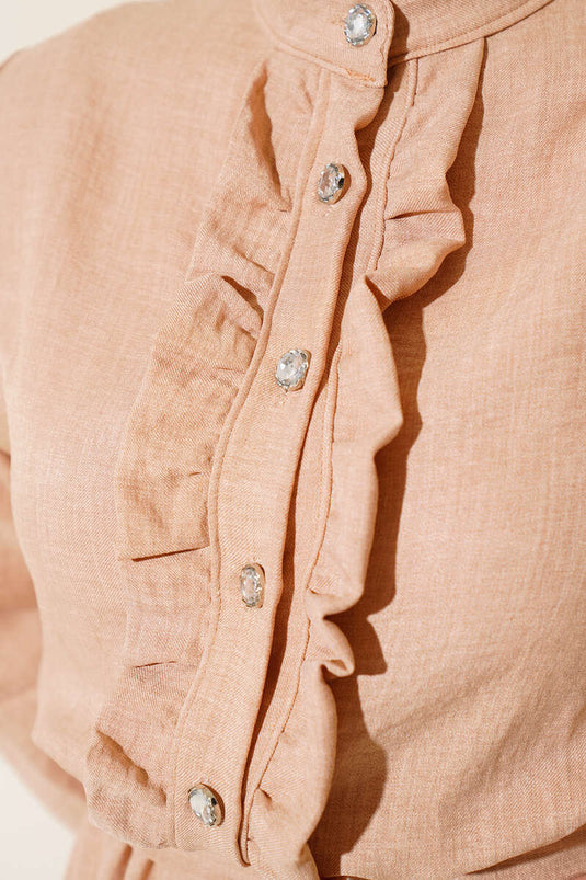 فستان كتان أمامي مكشكش جملي