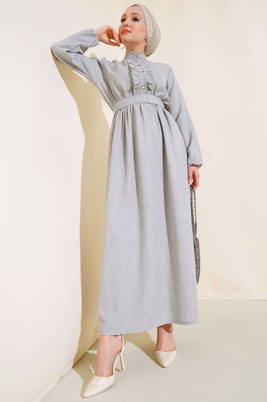 فستان كتان أمامي مكشكش باللون الرمادي