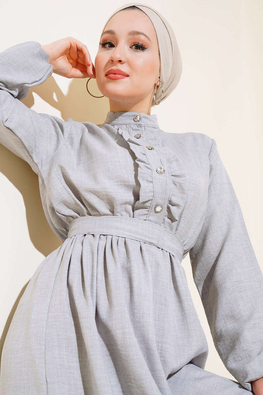 فستان كتان أمامي مكشكش باللون الرمادي