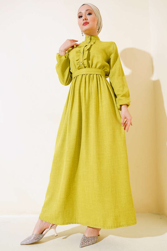 Frilly Front Linen Dress Oil Green