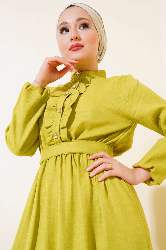 Frilly Front Linen Dress Oil Green