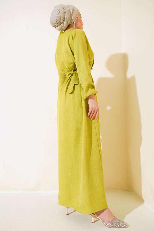 Frilly Front Linen Dress Oil Green