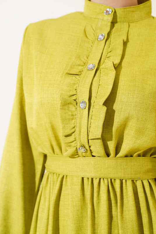 Frilly Front Linen Dress Oil Green