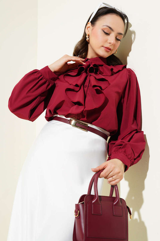 Ruffled Front Short Shirt Burgundy