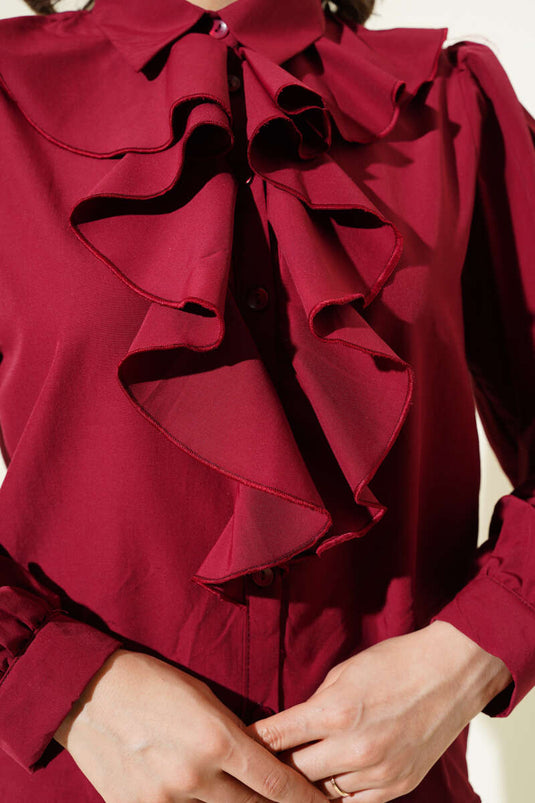 Ruffled Front Short Shirt Burgundy