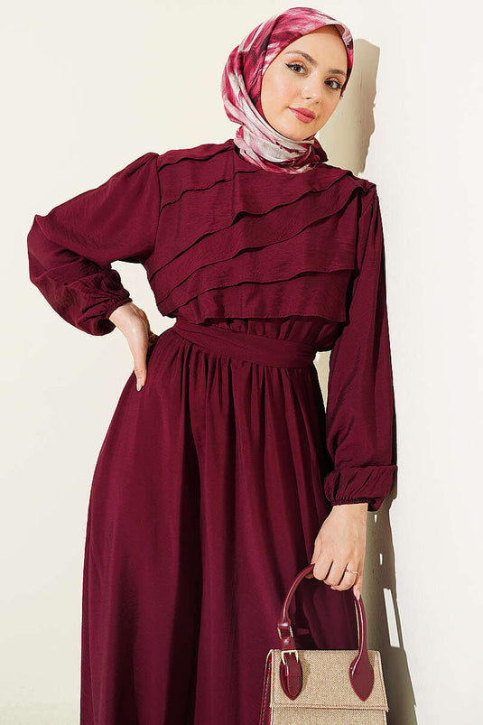 Front Ruffled Belted Dress Burgundy