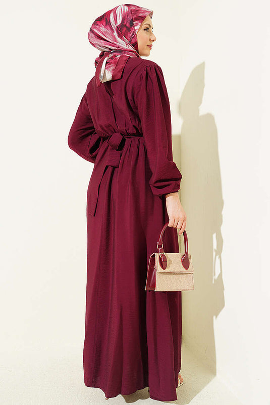 Front Ruffled Belted Dress Burgundy