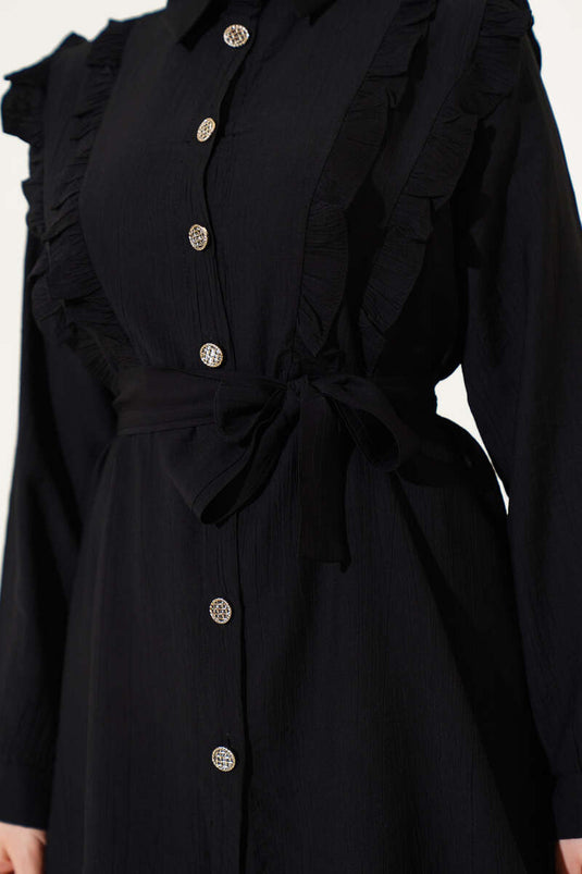 Önü Fırfırlı Kuşaklı İkili Takım Siyah