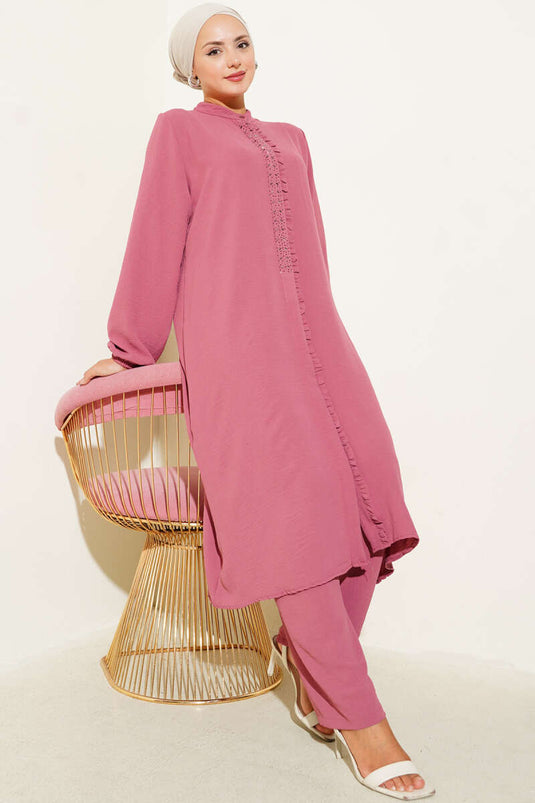 Önü Fırfırlı Taş Detaylı İkili Takım Gül Kurusu