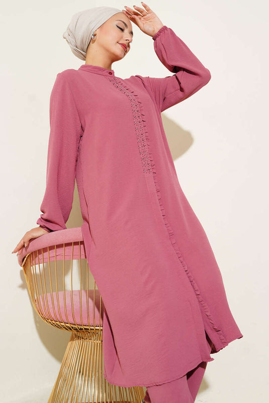 Önü Fırfırlı Taş Detaylı İkili Takım Gül Kurusu