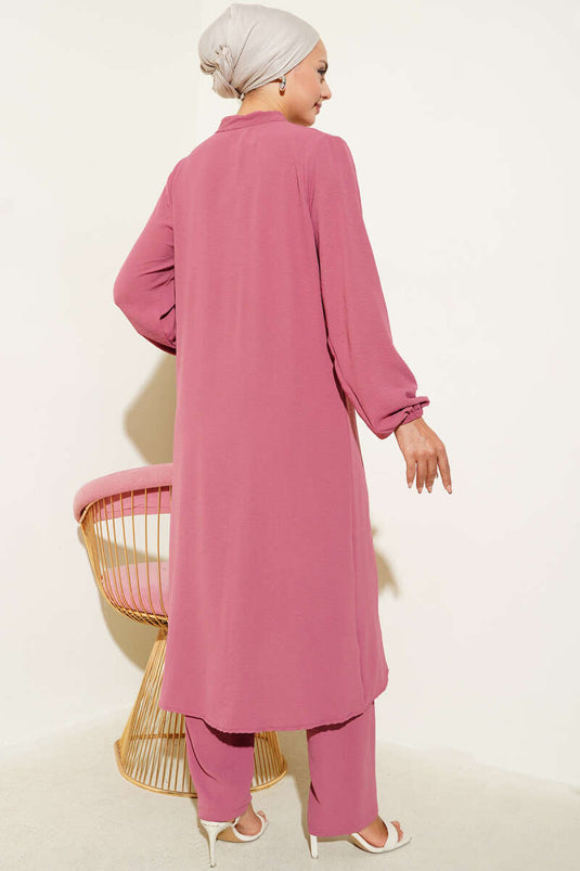 Önü Fırfırlı Taş Detaylı İkili Takım Gül Kurusu