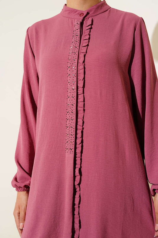 Önü Fırfırlı Taş Detaylı İkili Takım Gül Kurusu