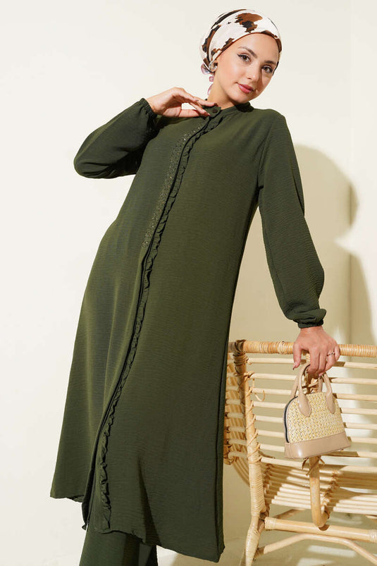 Önü Fırfırlı Taş Detaylı İkili Takım Haki