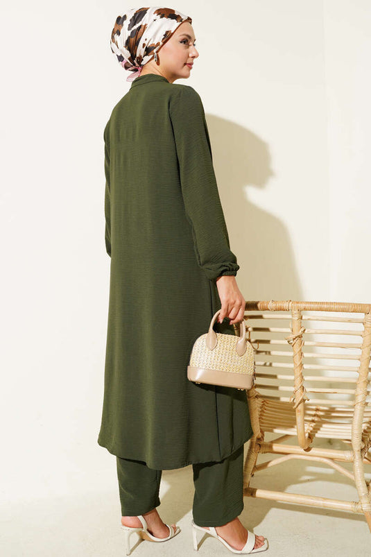 Önü Fırfırlı Taş Detaylı İkili Takım Haki