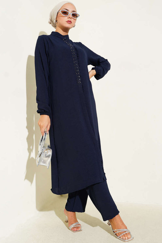 Önü Fırfırlı Taş Detaylı İkili Takım Lacivert