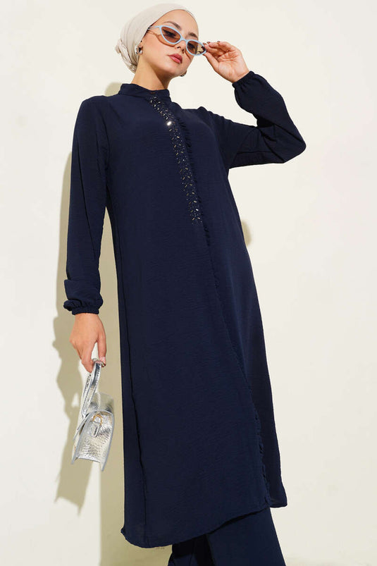 Önü Fırfırlı Taş Detaylı İkili Takım Lacivert