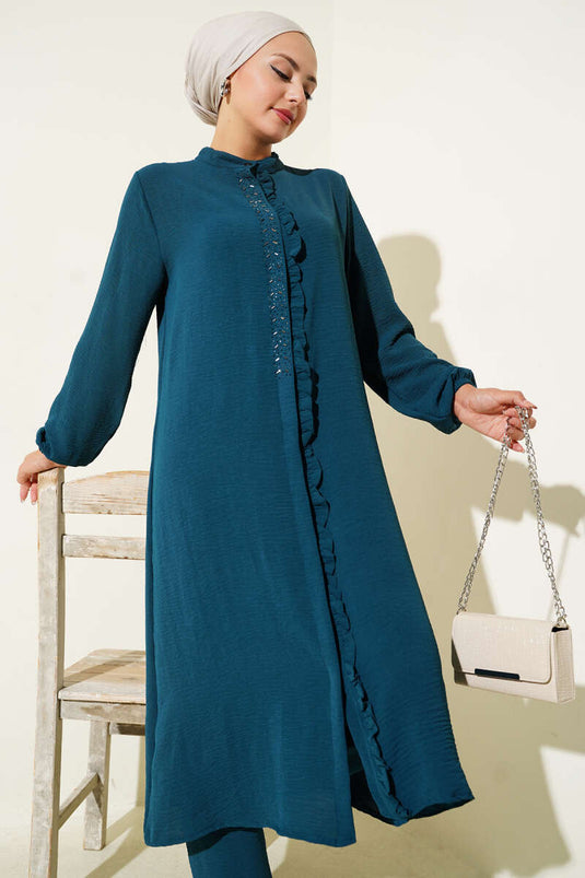 طقم مكون من قطعتين بتفاصيل حجر أمامية مكشكشة باللون البترولي