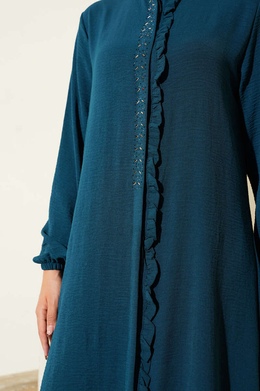 طقم مكون من قطعتين بتفاصيل حجر أمامية مكشكشة باللون البترولي