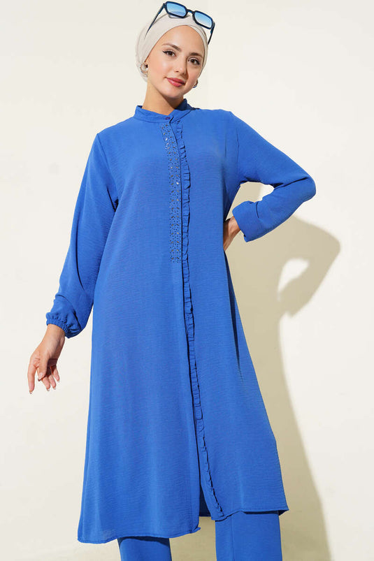 Önü Fırfırlı Taş Detaylı İkili Takım Saks