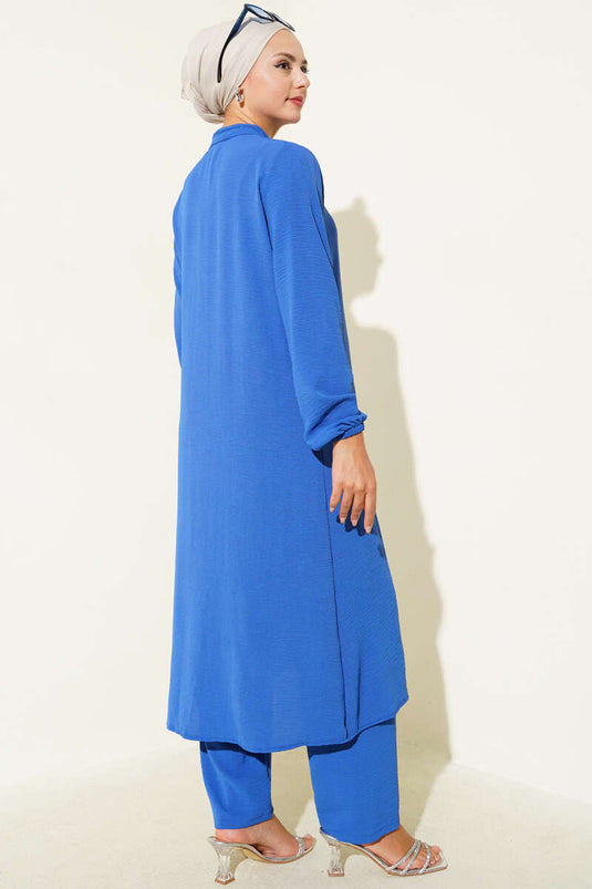 Önü Fırfırlı Taş Detaylı İkili Takım Saks