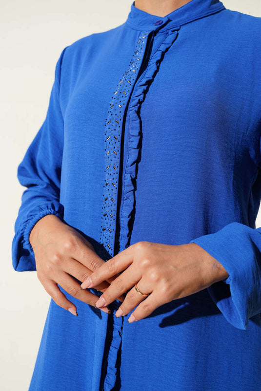 Önü Fırfırlı Taş Detaylı İkili Takım Saks