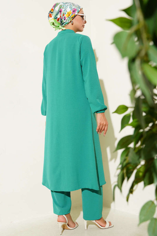 Two Piece Set Green with Ruffled Front and Stone Detail