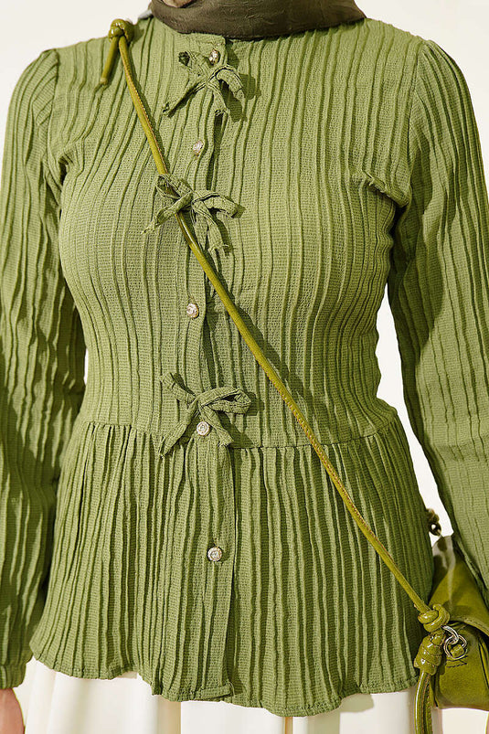 Haki Voorkant Strik En Knopen Blouse