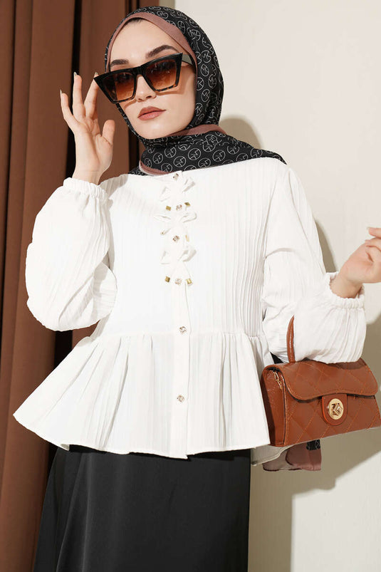 Camicia corta con volant e fiocco davanti, color ecru