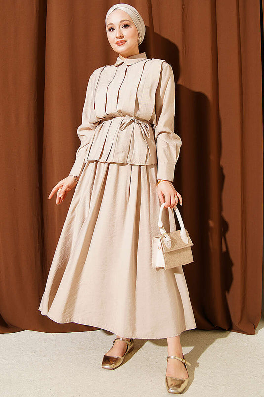Beige Set with Wide Pleated Modal Skirt Front