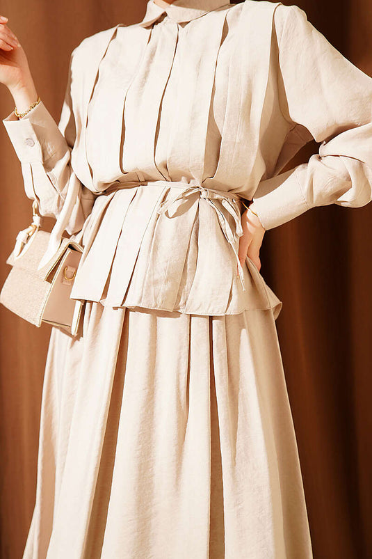 Beige Set with Wide Pleated Modal Skirt Front