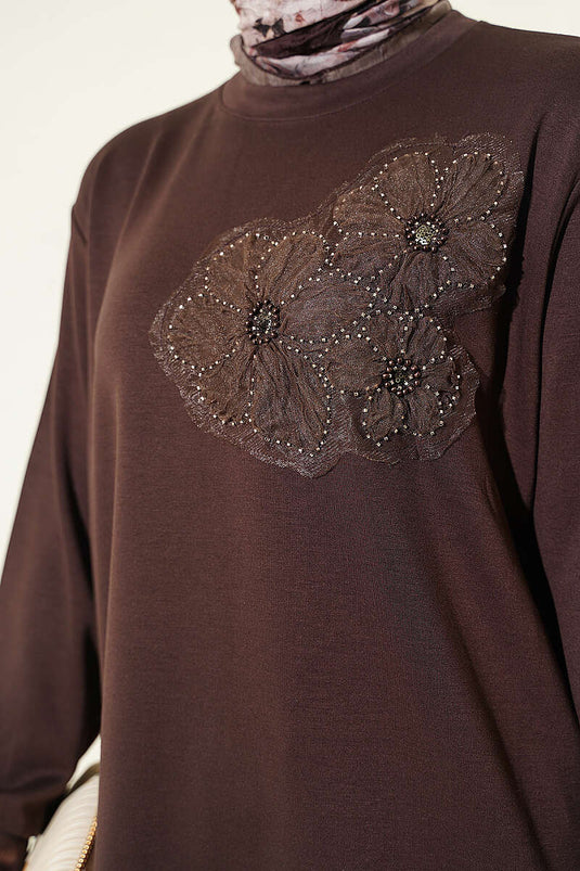 Brown Loysha Tunic With Rose Embellished Detail