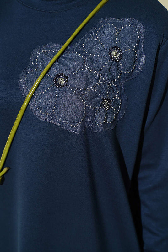 Navy Blue Loysha Tunic With Rose Embellished Detail