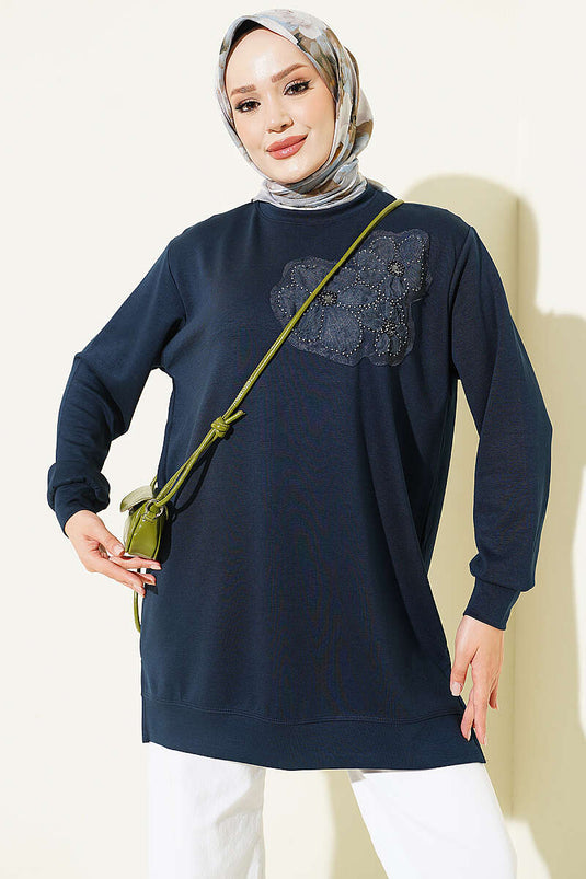 Navy Blue Loysha Tunic With Rose Embellished Detail