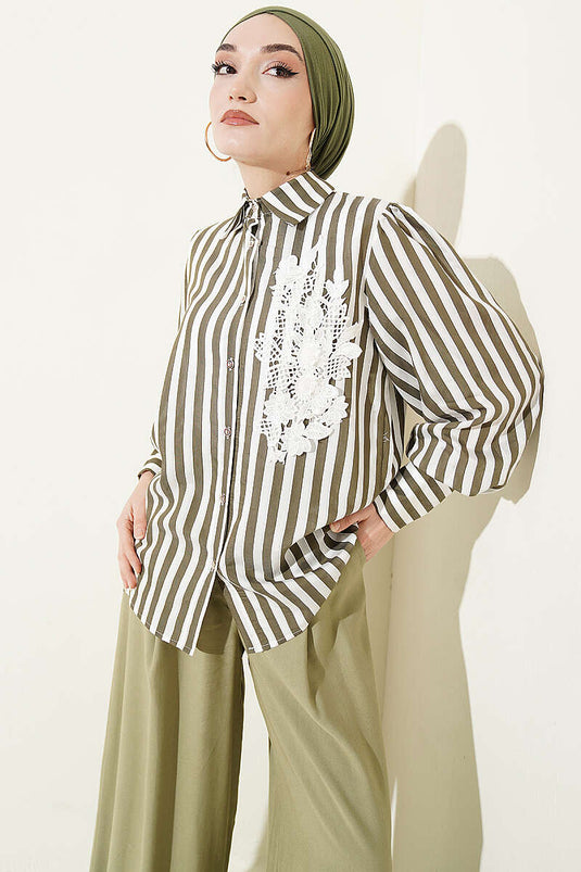 Camicia a righe con pizzo frontale verde kaki
