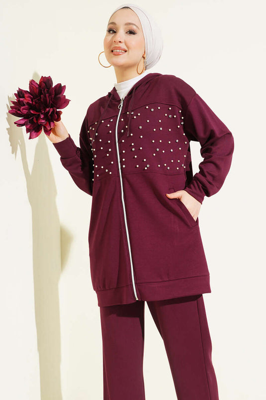 Front Pearled Zippered Two-Piece Set Loyşa Burgundy