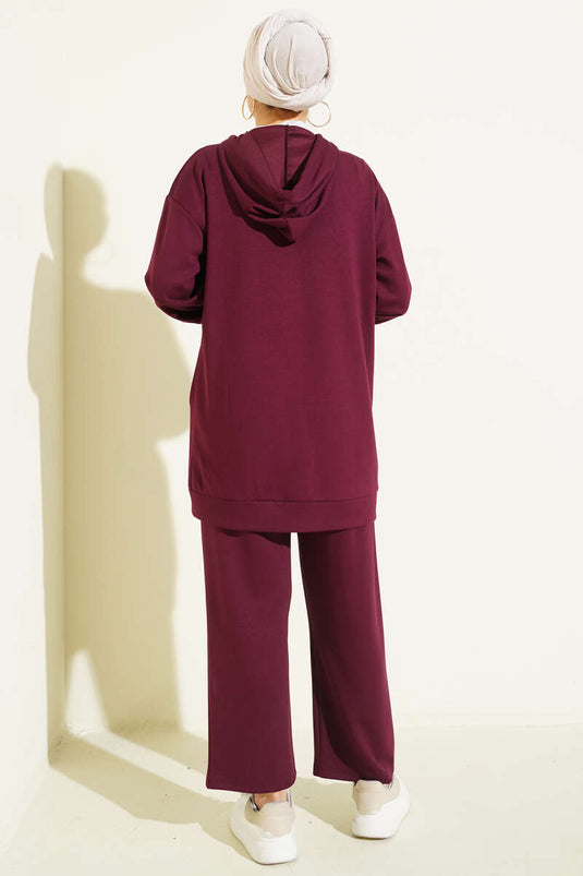 Front Pearled Zippered Two-Piece Set Loyşa Burgundy