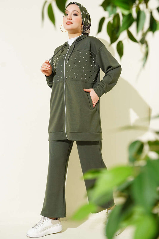 Set doppio di lenzuola con perline e cerniera, colore kaki