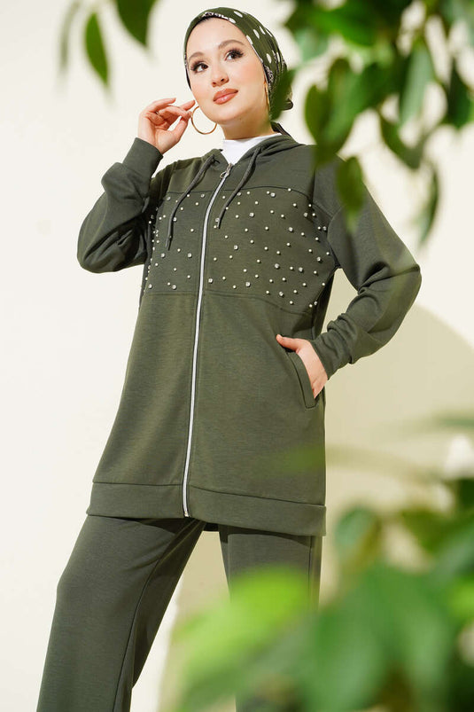 Set doppio di lenzuola con perline e cerniera, colore kaki